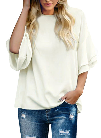 Brilliant White Women's Summer Blouse Casual Ruffle 3/4 Sleeve Tops Loose Shirts