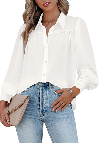 White Lantern Sleeves Button-Down Pleated Chiffon Top