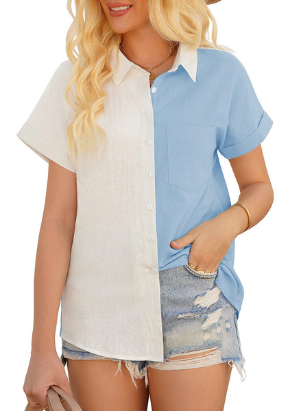 Front view of model wearing white short sleeves colorblock button-up top