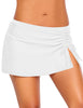 Front view of model wearing white elastic waist slit side-drawstring skirtini bottom