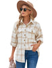 Front view of model wearing off-white flap pockets button-down plaid short jacket