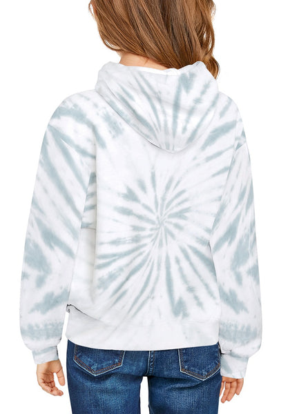 Back view of model wearing white tie-dye long sleeves girls' pullover hoodie
