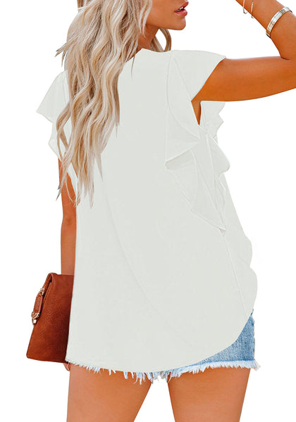 Back view of model wearing white short ruffle sleeves crew neck pleated loose top