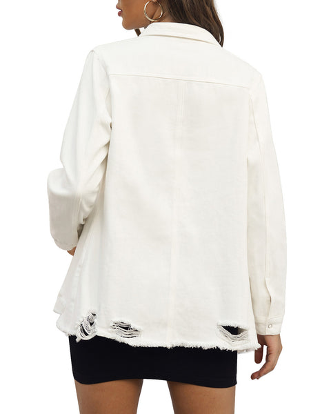Back view of model wearing white frayed hem distressed button-down denim jacket