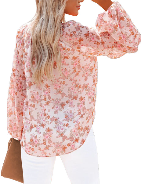 Back view of model wearing white long sleeves V-neckline floral-print boho blouse