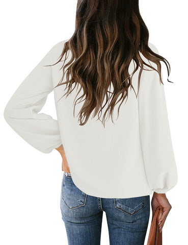 Bright White V-Neckline Bishop Sleeves Loose Fit Women's Top