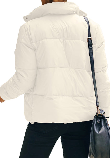Back view of model wearing White Quilted Zip-Up Puffer Jacket