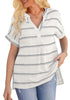 Front view of model wearing white split V-neckline batwing sleeves striped loose top