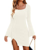 Womens Sweater Dress Bodycon Square Neck Slit Short Dresses Bell Long Sleeve Knit Sexy Outfit