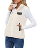 Angled view of model wearing White Stand Collar Zip-Up Fleece Vest