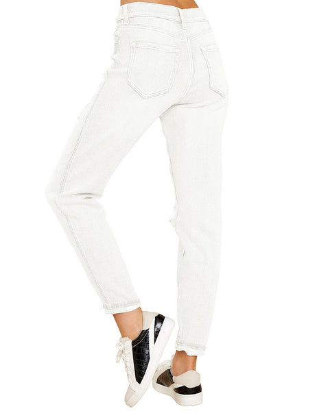 White Cuffed Ripped Denim Boyfriend Jeans