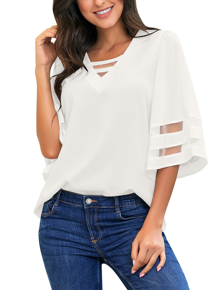 v neck bell sleeve blouse