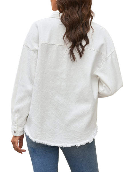 Womens Denim Jacket Oversized Button Down Shirts Jean Shacket Distressed Frayed Coat