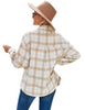 Back view of model wearing off-white flap pockets button-down plaid short jacket