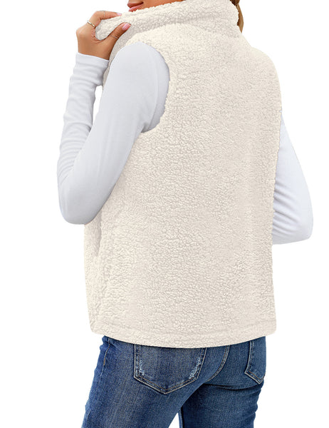Back view of model wearing White Stand Collar Zip-Up Fleece Vest