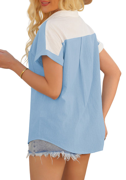 Side view of model wearing white short sleeves colorblock button-up top