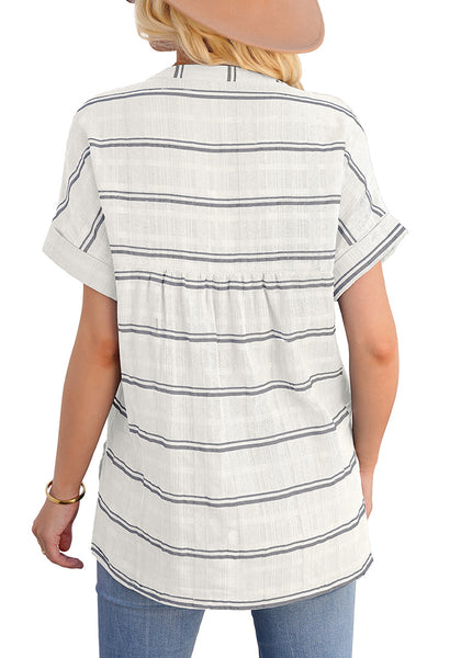 Back view of model wearing white split V-neckline batwing sleeves striped loose top