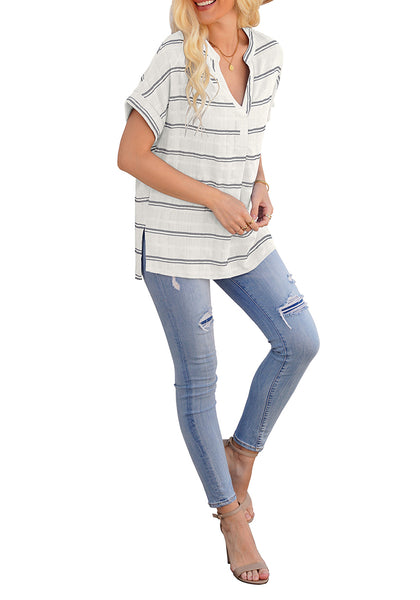 Full view of model wearing white split V-neckline batwing sleeves striped loose top