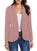Front view of model wearing blush pink back-slit notched lapel blazer