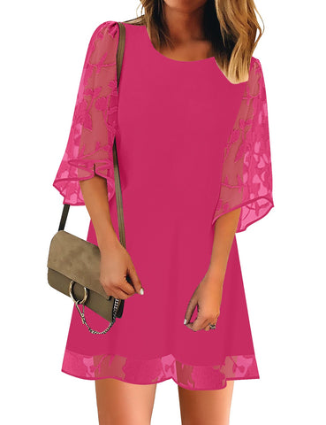 3/4 Sleeve Dress for Women Shift Cute Summer Tunic Floral Lace Dresses