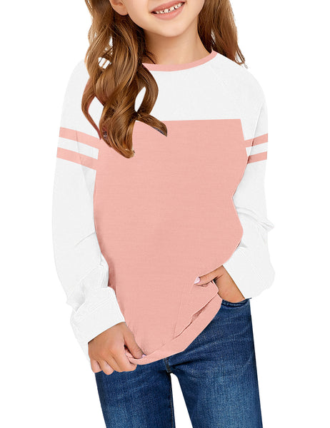 Front view of model wearing blush colorblock neckline pullover girls' top