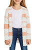 Front view of model wearing light pink striped fuzzy fleece open-front girls' cardigan