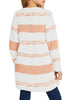 Back view of model wearing light pink striped fuzzy fleece open-front girls' cardigan