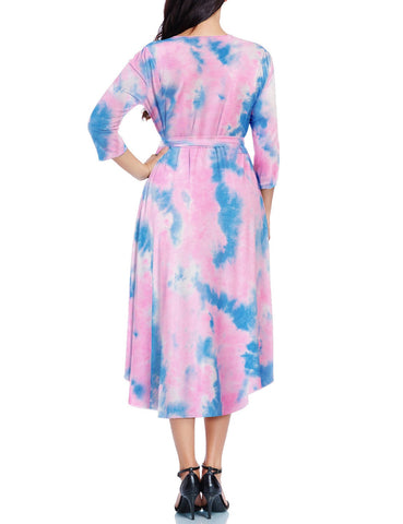 Pink Tie-Dye High-Low Plus Size Wrap Skater Dress