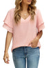 Pink Casual V-Neck Short Ruffle Sleeves Cut-Out Back Top