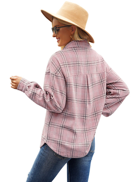Back view of model wearing pink flap pockets button-down plaid short jacket