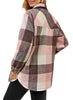 Back view of model wearing light pink plaid long sleeves button down jacket