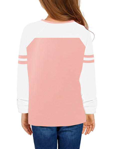 Back view of model wearing blush colorblock neckline pullover girls' top
