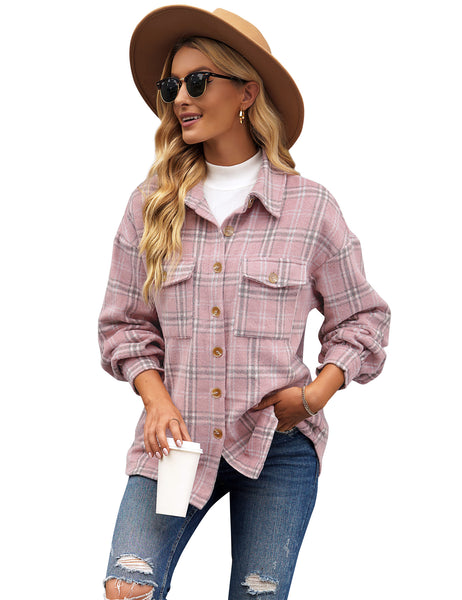 Front view of model wearing pink flap pockets button-down plaid short jacket