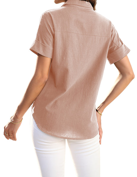 Back view of model wearing blush short cuffed sleeves pockets button-up top