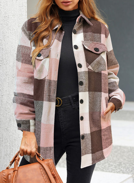 Front view of model wearing light pink plaid long sleeves button down jacket