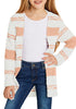 Model poses wearing light pink striped fuzzy fleece open-front girls' cardigan