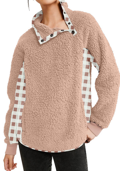 Blush Split Cowl Neck Plaid Fleece Sweater Top