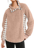 Front view of model wearing blush split cowl neck plaid fleece sweater top