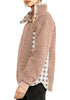 Side view of model wearing blush split cowl neck plaid fleece sweater top
