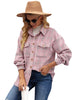 Front view of model wearing pink flap pockets button-down plaid short jacket