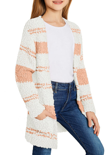 Model wearing light pink striped fuzzy fleece open-front girls' cardigan