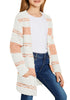 Model wearing light pink striped fuzzy fleece open-front girls' cardigan