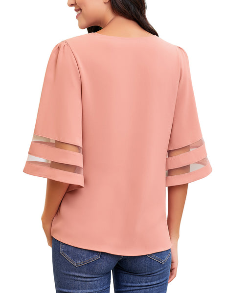 Women's Casual V Neck Mesh Panel Blouse Tops 3/4 Bell Sleeve Shirt