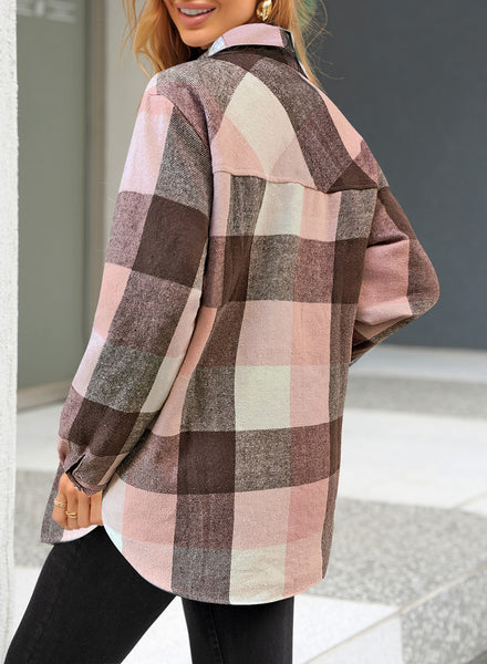 Back view of model wearing light pink plaid long sleeves button down jacket