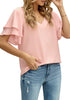 Pink Casual V-Neck Short Ruffle Sleeves Cut-Out Back Top