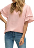 Pink Casual V-Neck Short Ruffle Sleeves Cut-Out Back Top