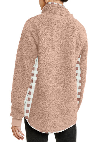 Blush Split Cowl Neck Plaid Fleece Sweater Top