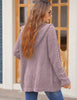 Back view of model wearing deep blush button down melange waffle knit hooded cardigan