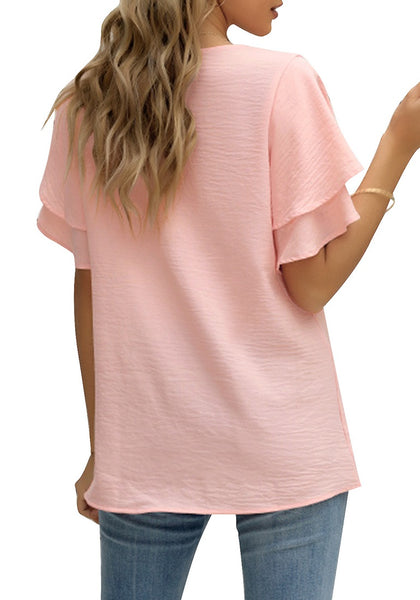 Pink Casual V-Neck Short Ruffle Sleeves Cut-Out Back Top