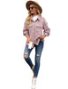 Full front view of model wearing pink flap pockets button-down plaid short jacket